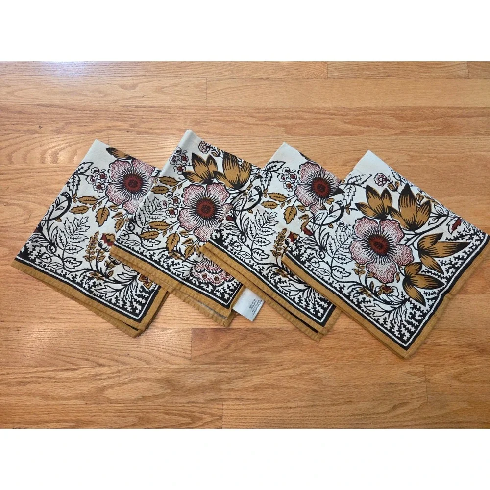 Set 4 Williams Sonoma Gold Brown Floral Block Print Cotton Napkins 20''